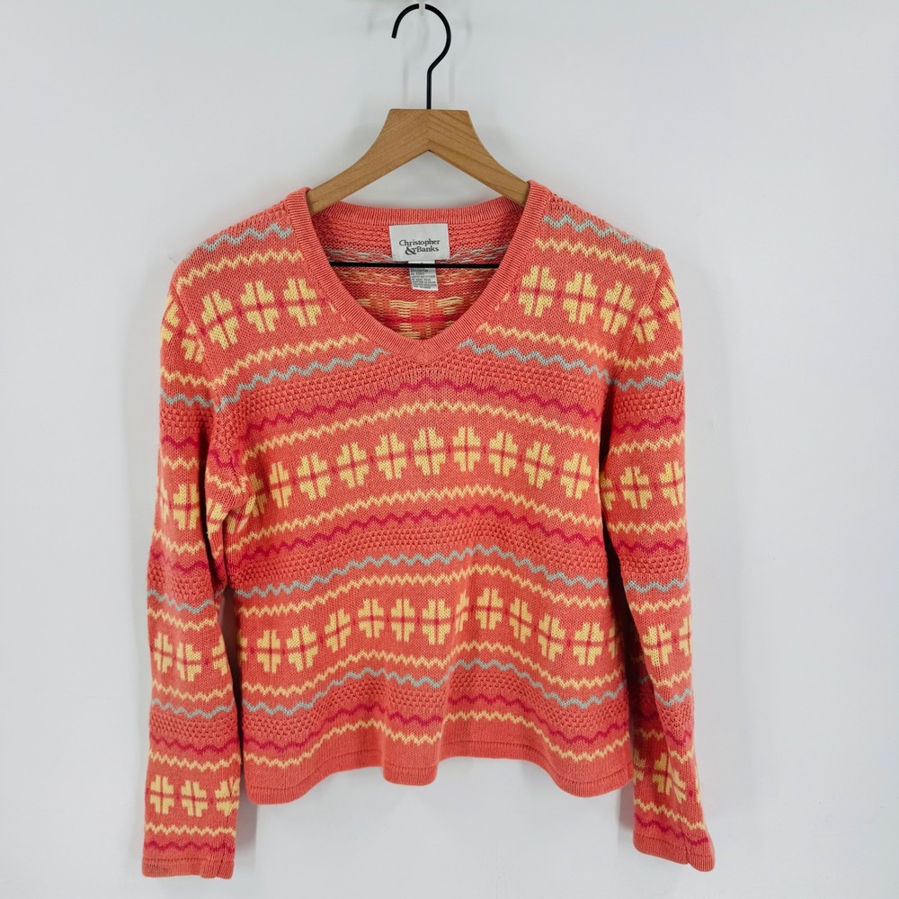 Vintage Coral Pink Geometric V-Neck Sweater Size S Preppy Spring‎